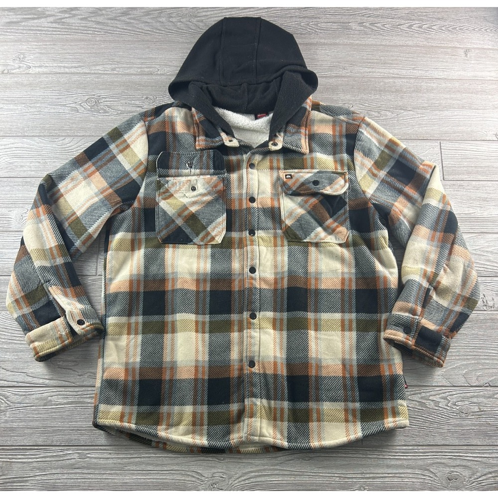 Quiksilver Mens Plaid Fleece Lined Hooded Shacket Shirt Jacket Black Orange XL